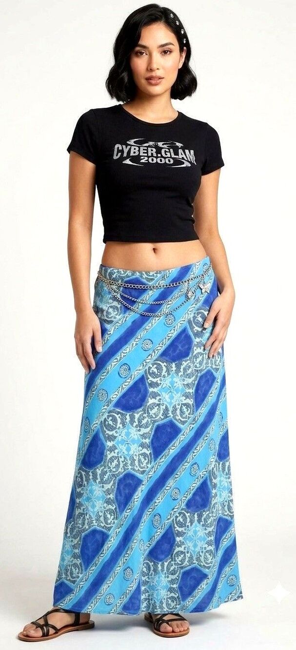 Vintage Saint Tropez West Maxi Skirt Size 14 Blue Tile Print Rayon Made in USA